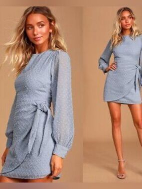 Lulu's Powder Blue Swiss Dot Tie-Waist Long Sleeve Dress